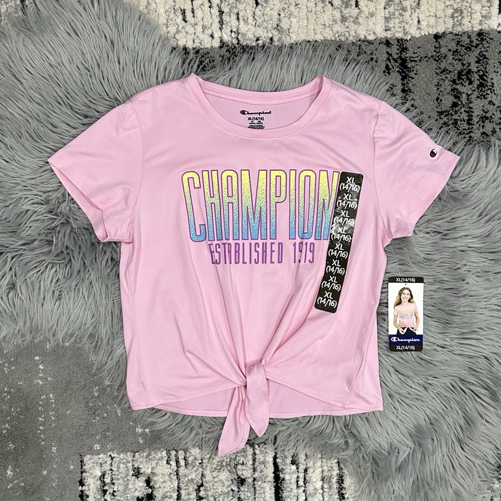 Champion Girls Pink Soft Graphic Print Active Tie Cropped Top XL (14/16) NEW